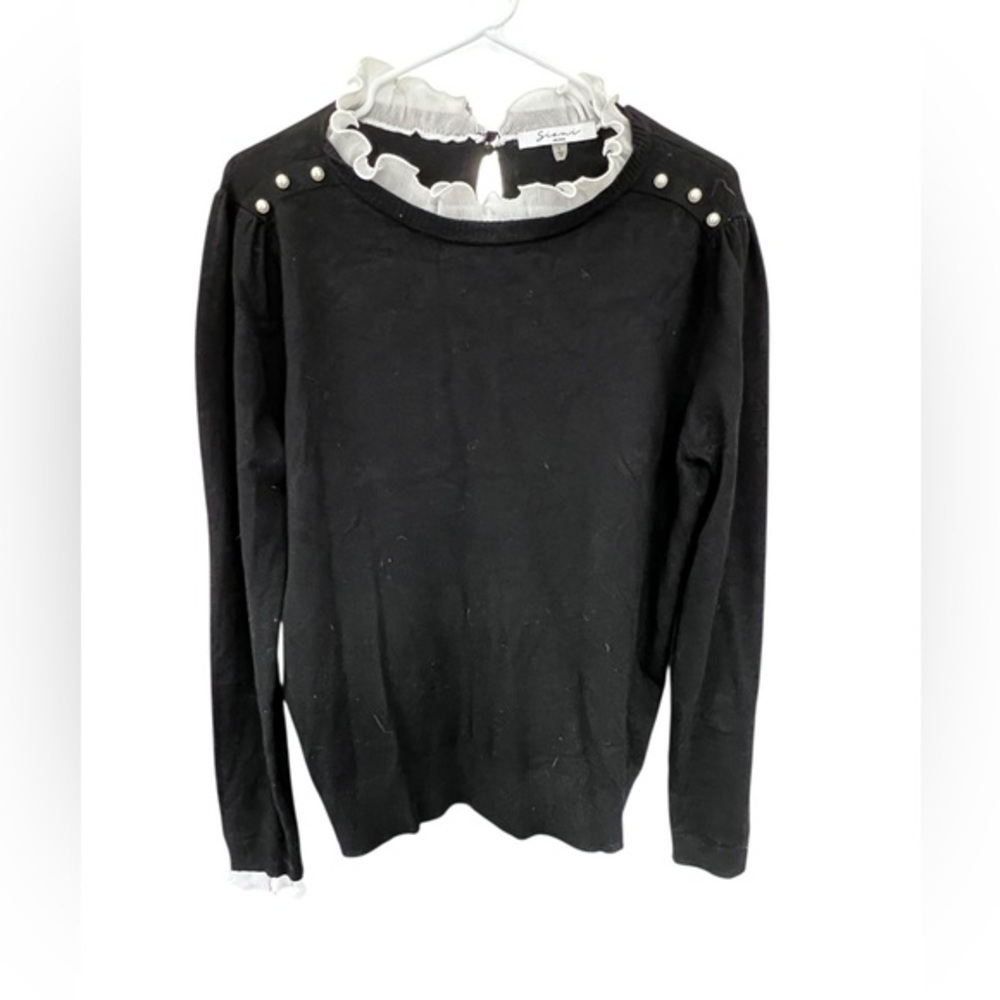 Sioni Milano Black Sweater with Ruffled Collar and Pearl Accents